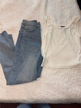 Olivia Rae White Ribbed Tank with Divided Light Blue Denim Accent